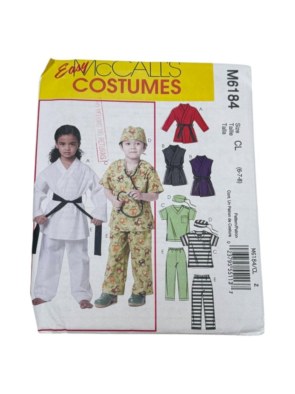 McCalls M6184 Easy Kids Costumes Doctor Kharati More Sz 6 7 8 Pattern UNCUT